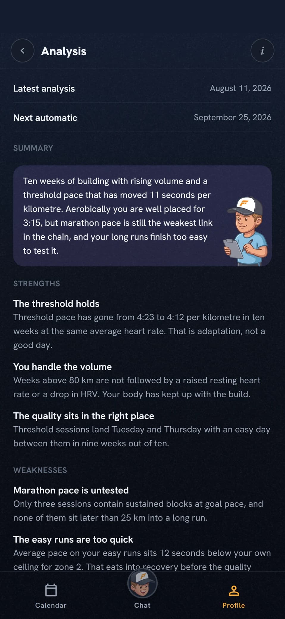 The deep analysis in Coach Fartlek with summary, strengths and weaknesses