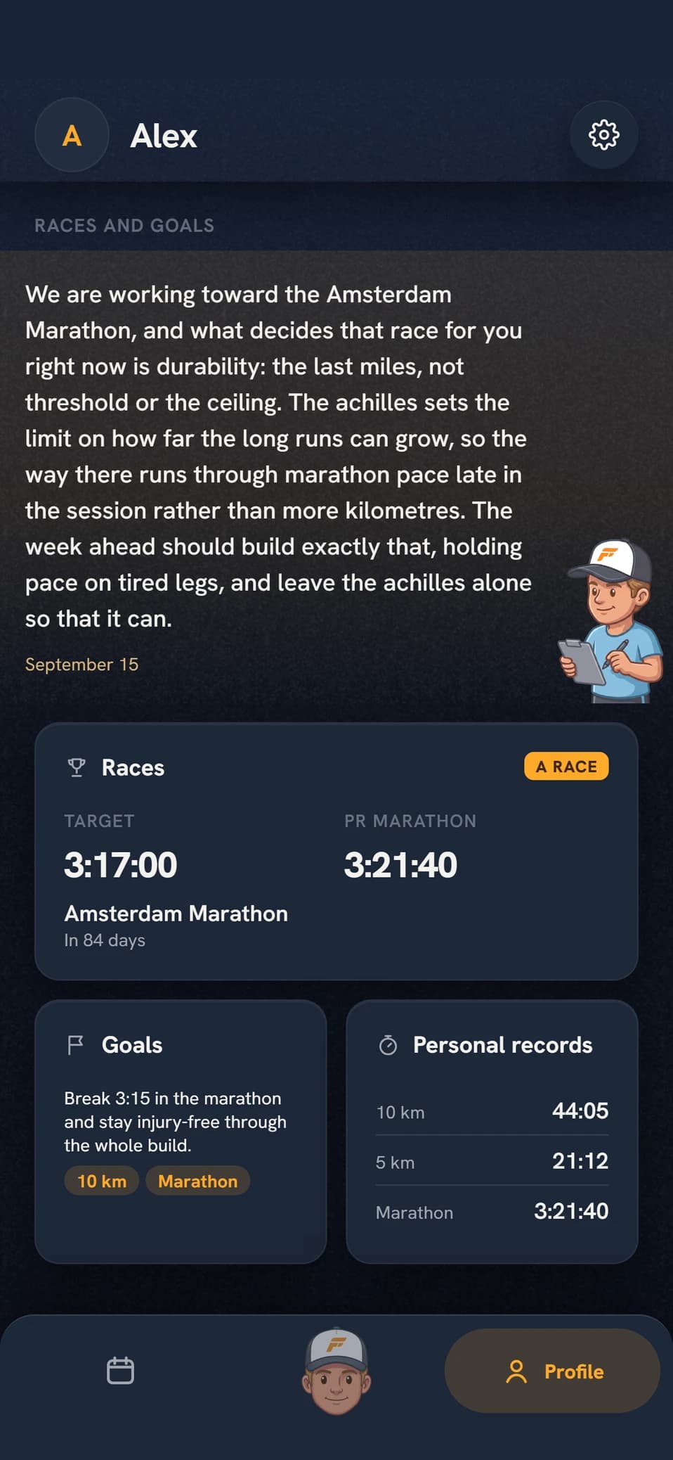 The Races and goals group in the Coach Fartlek profile, with the coach’s note on the path to your goal at the top
