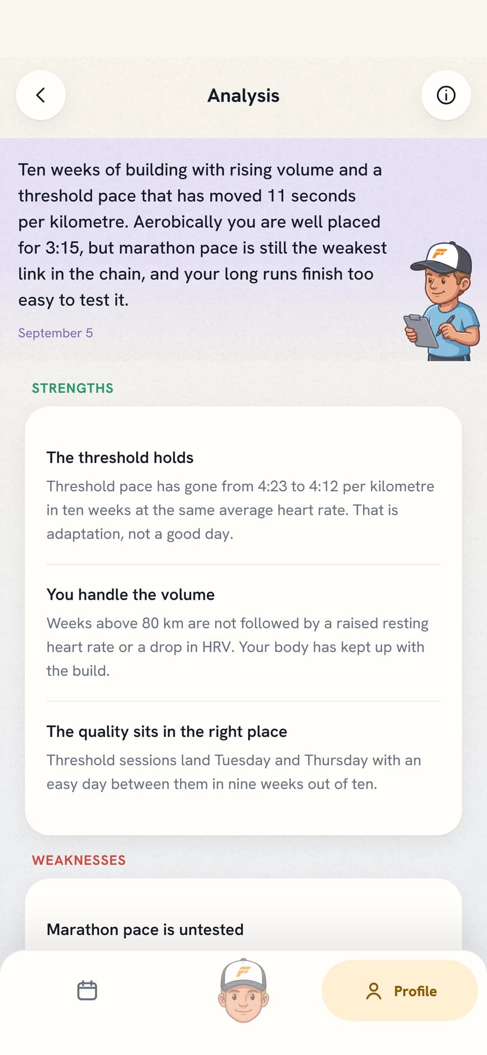 The deep analysis in Coach Fartlek with summary, strengths and weaknesses