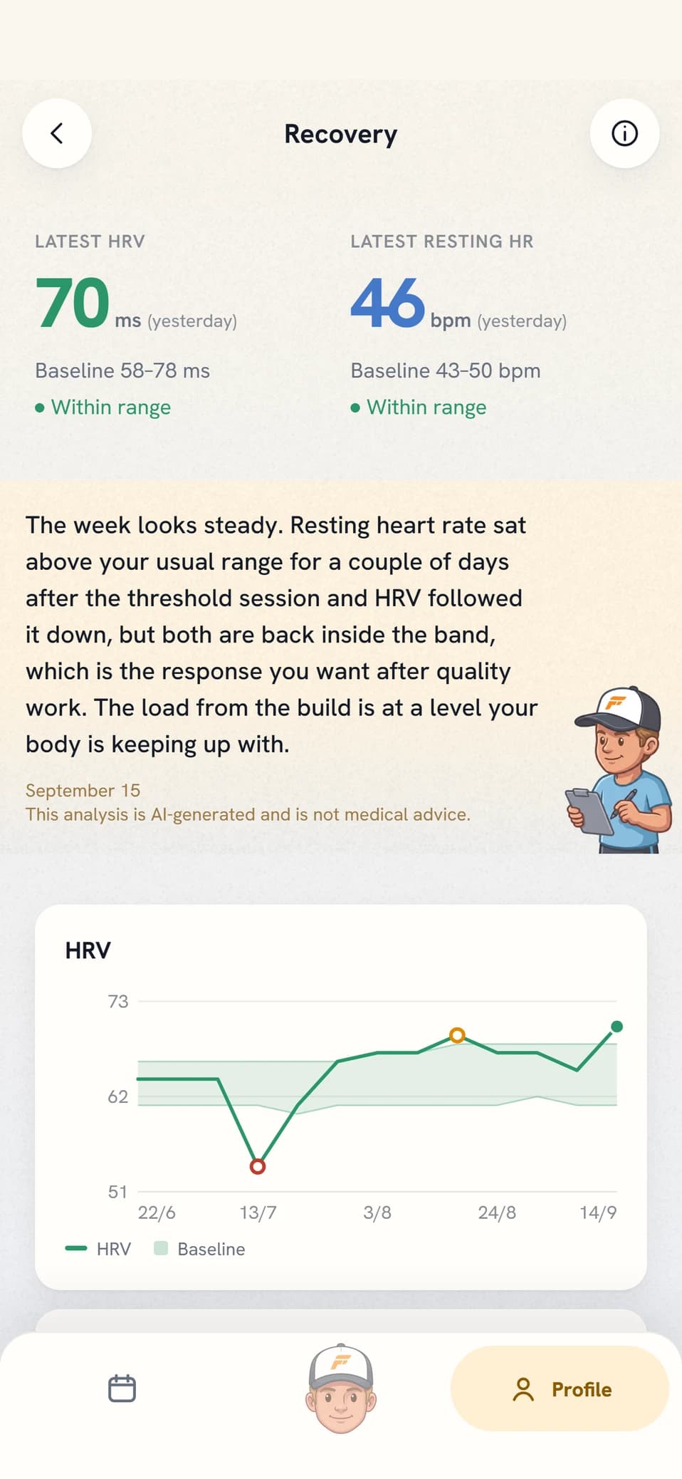 Coach Fartlek recovery view with HRV and resting heart rate