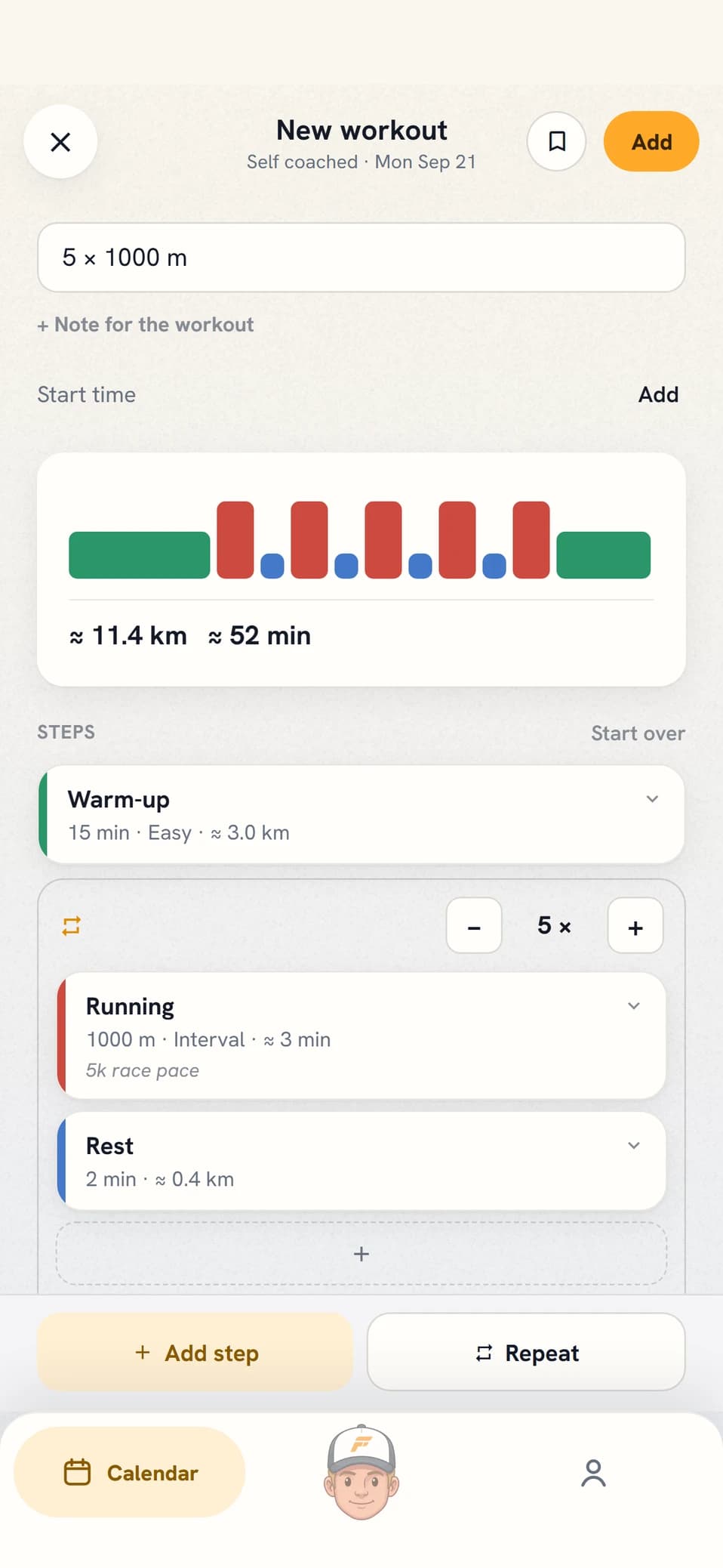 The workout builder with steps and repeats
