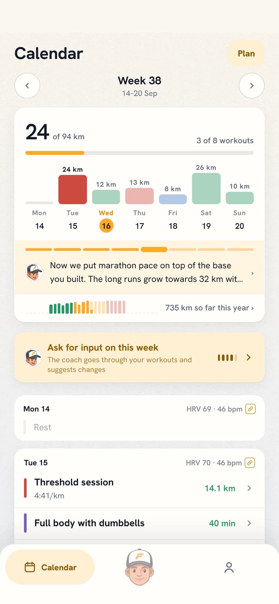 The Coach Fartlek calendar with a week the runner planned themselves