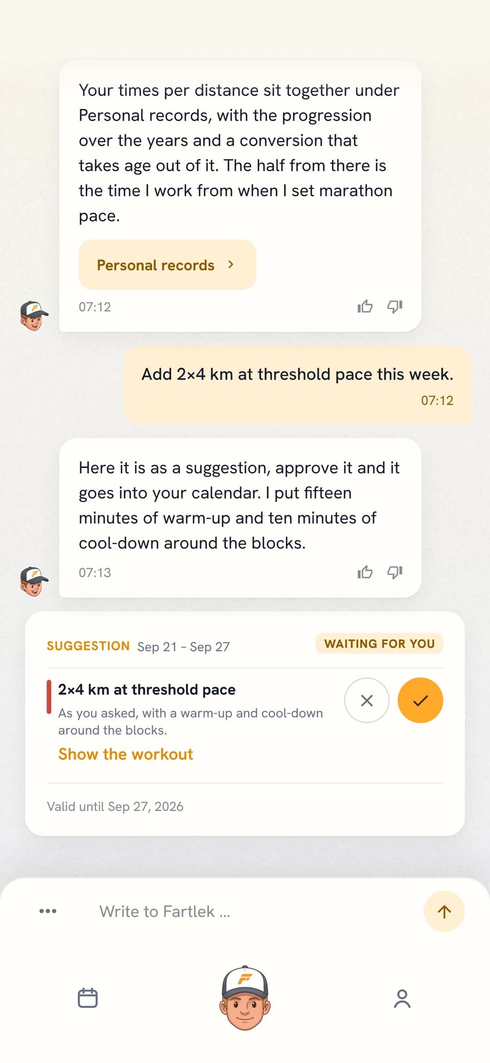A dictated request in chat that the coach answers with a suggestion card