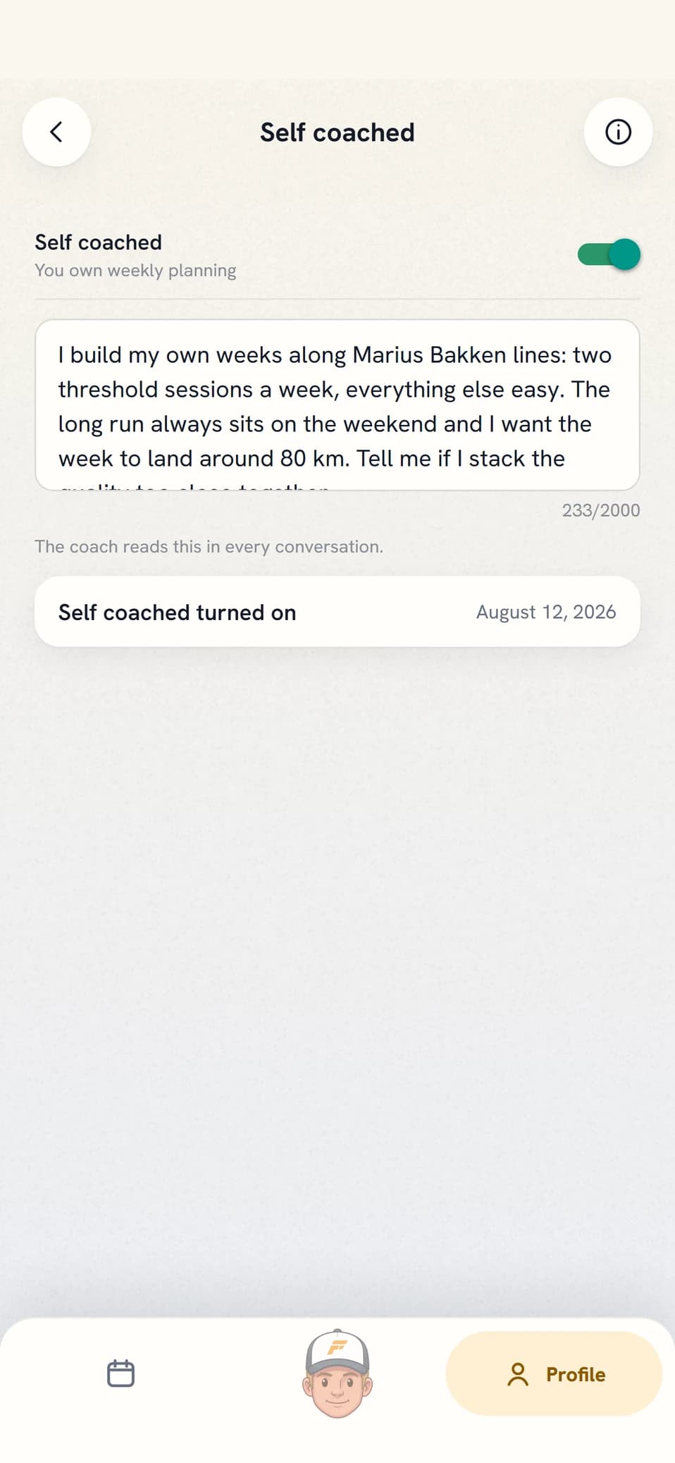The Self coached screen in the app with switch and training philosophy