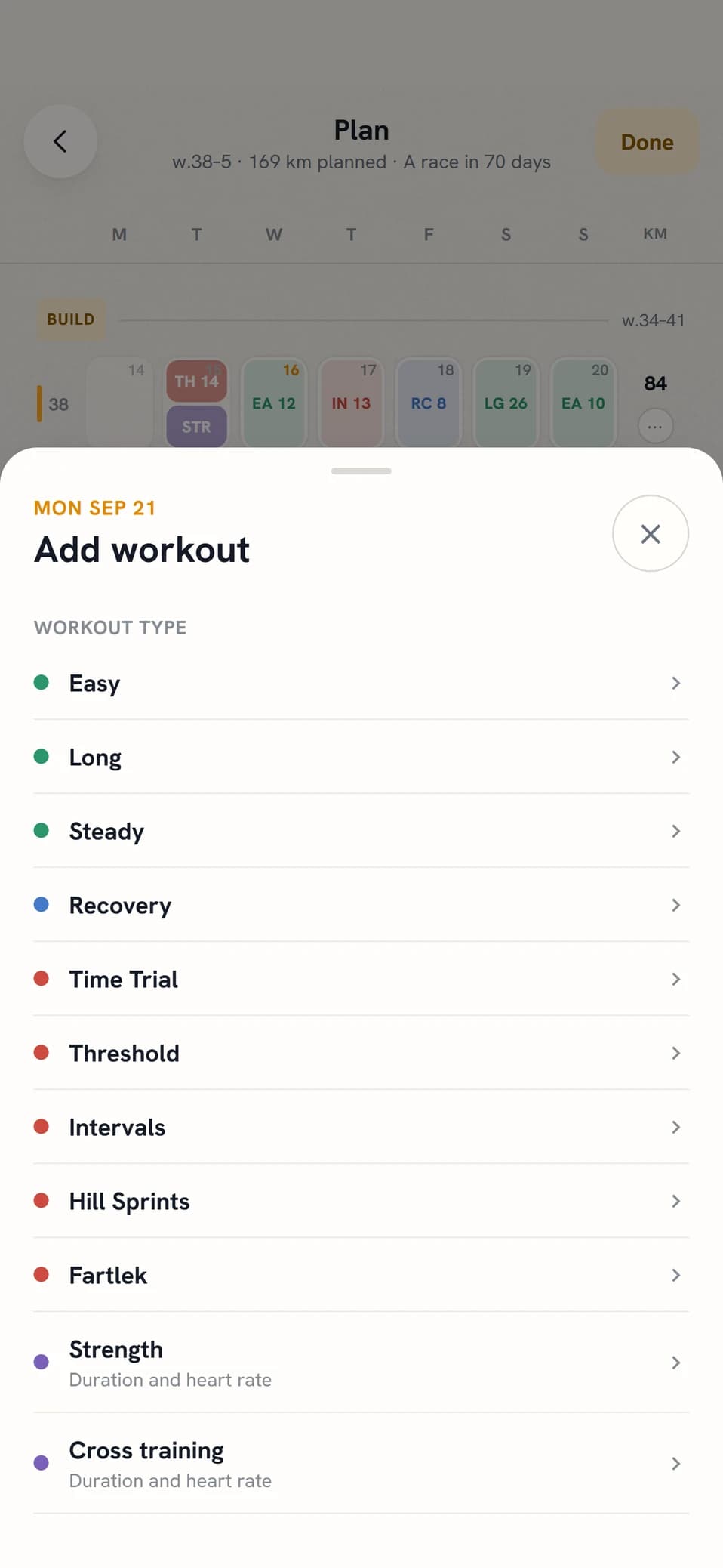 The workout picker with types, classics, and your own workouts