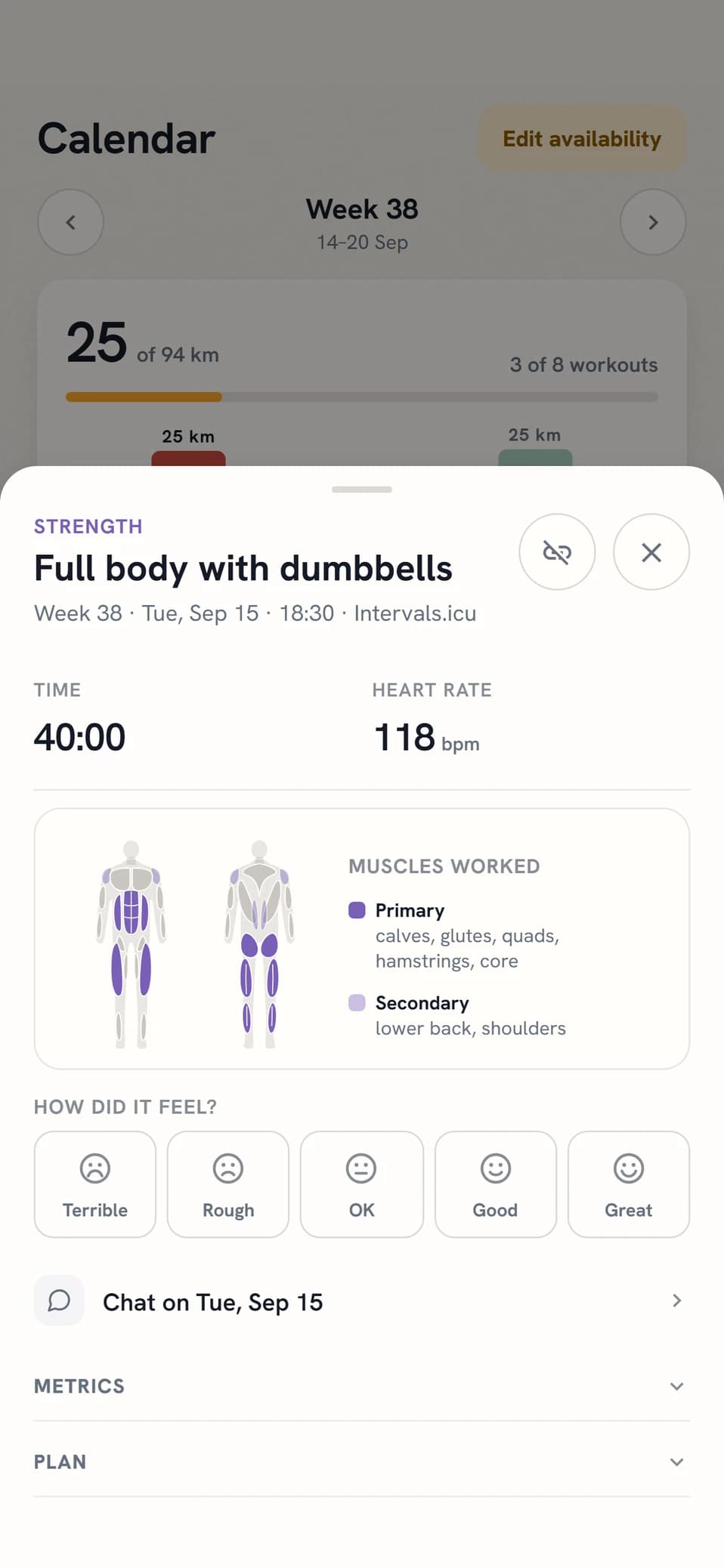 A completed strength session in Coach Fartlek with time, heart rate and muscle map