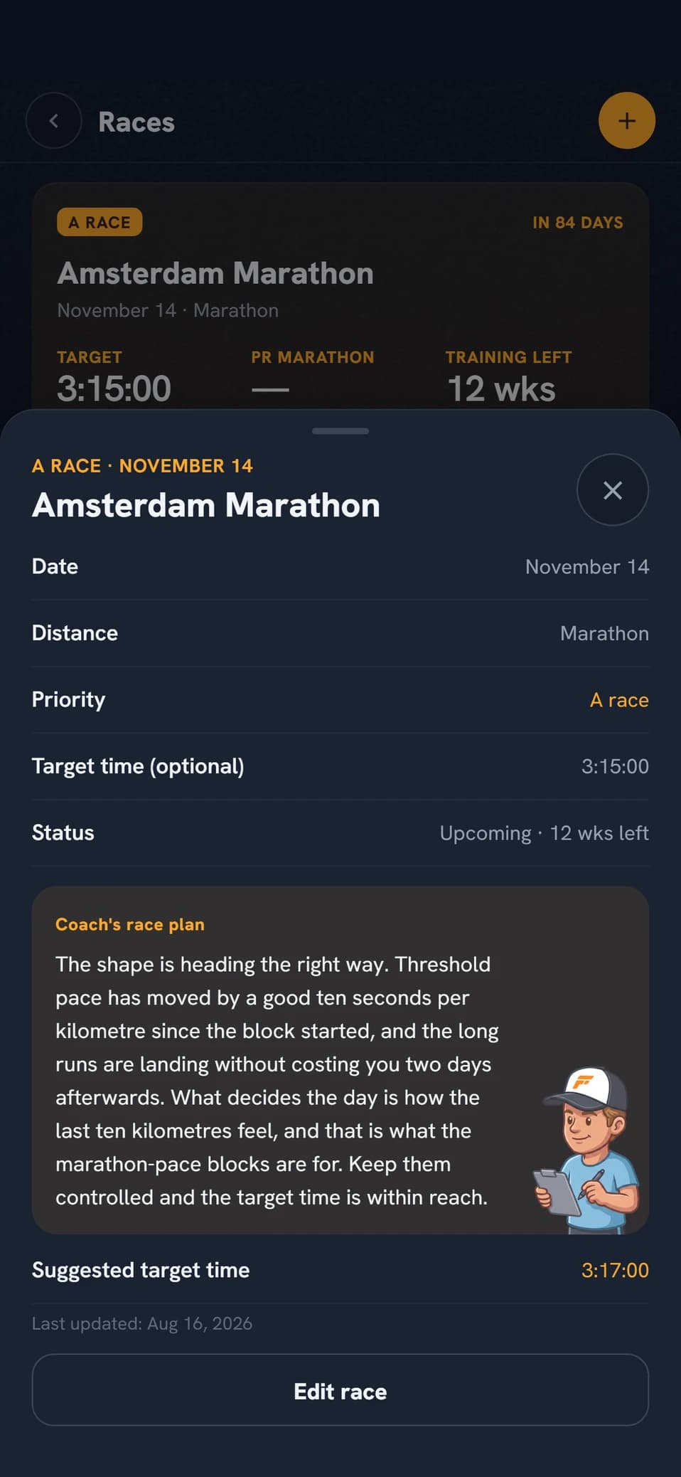 Coach Fartlek races view with upcoming races and goals