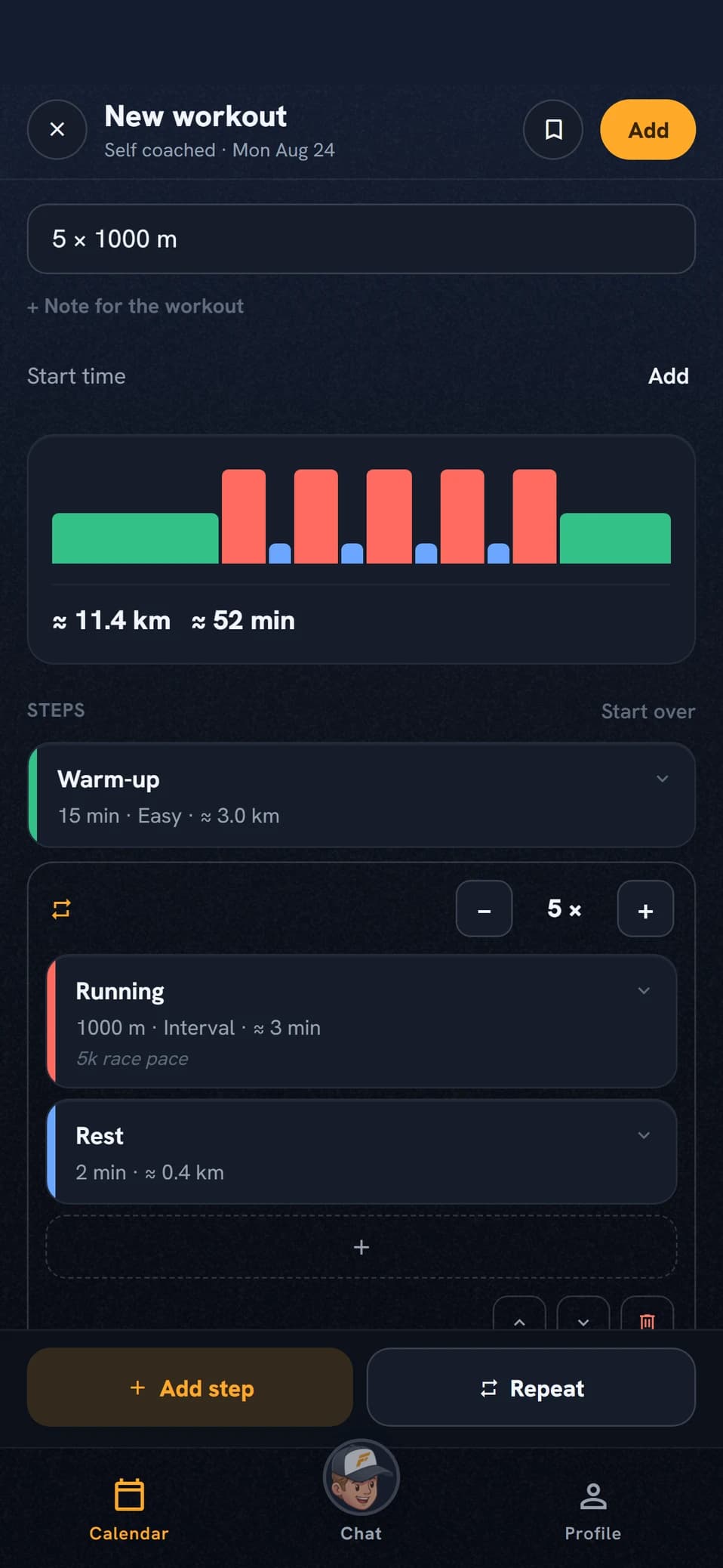 The workout builder with steps and repeats