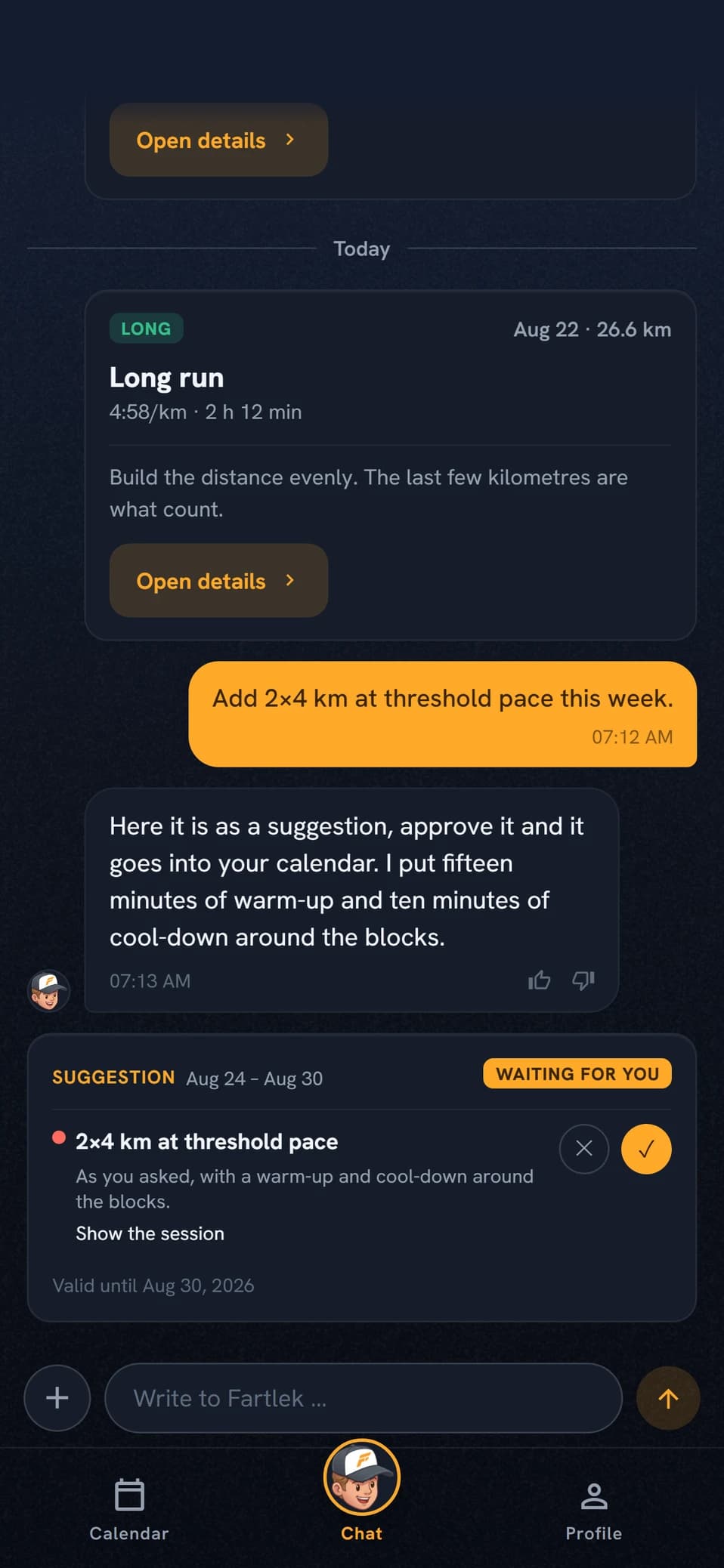 A dictated request in chat that the coach answers with a suggestion card
