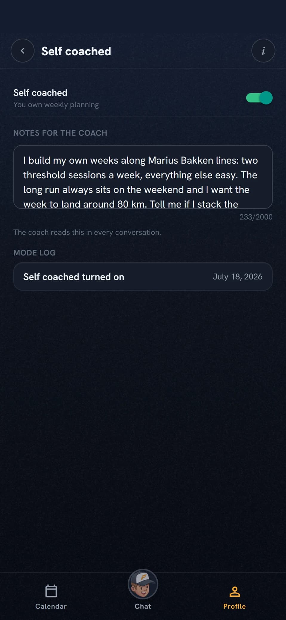 The Self coached screen in the app with switch and training philosophy