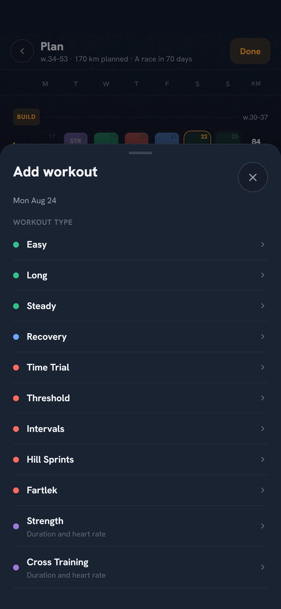 The workout picker with types, classics, and your own workouts