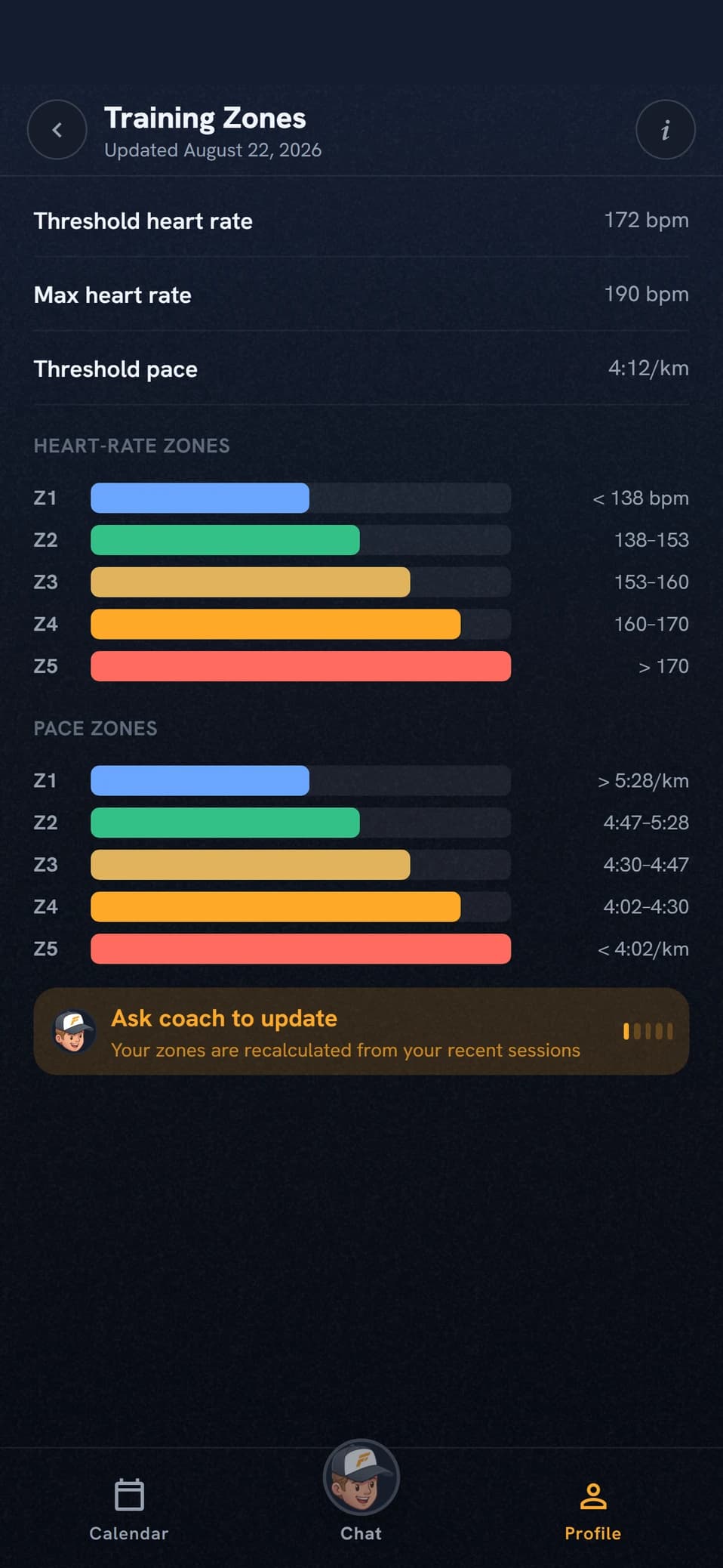 Training zones in Coach Fartlek with thresholds, heart-rate zones and pace zones