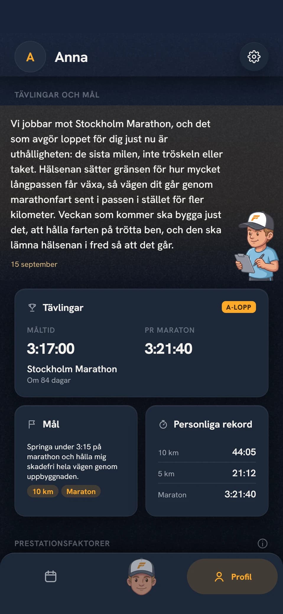 Gruppen Tävlingar och mål i Coach Fartleks profil, med coachens not om vägen till målet överst