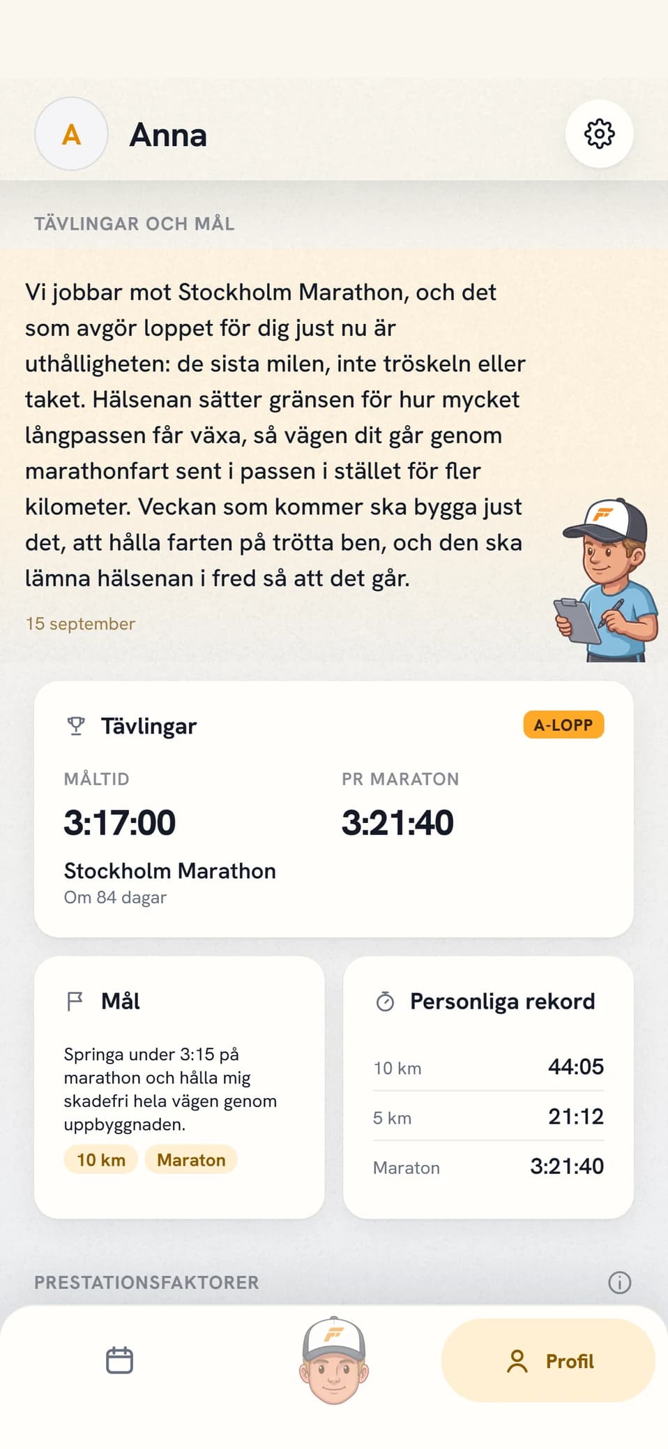 Gruppen Tävlingar och mål i Coach Fartleks profil, med coachens not om vägen till målet överst