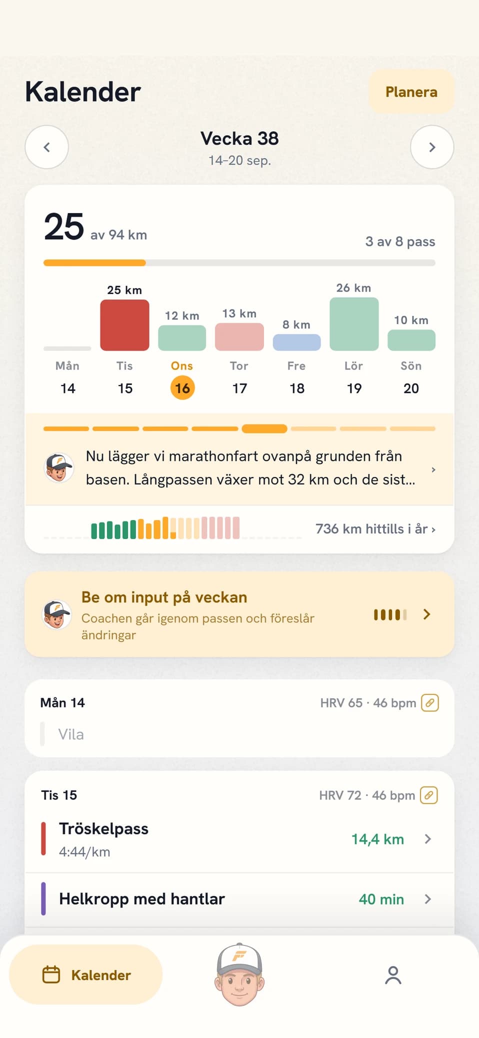 Kalendern i Coach Fartlek med veckan löparen planerat själv
