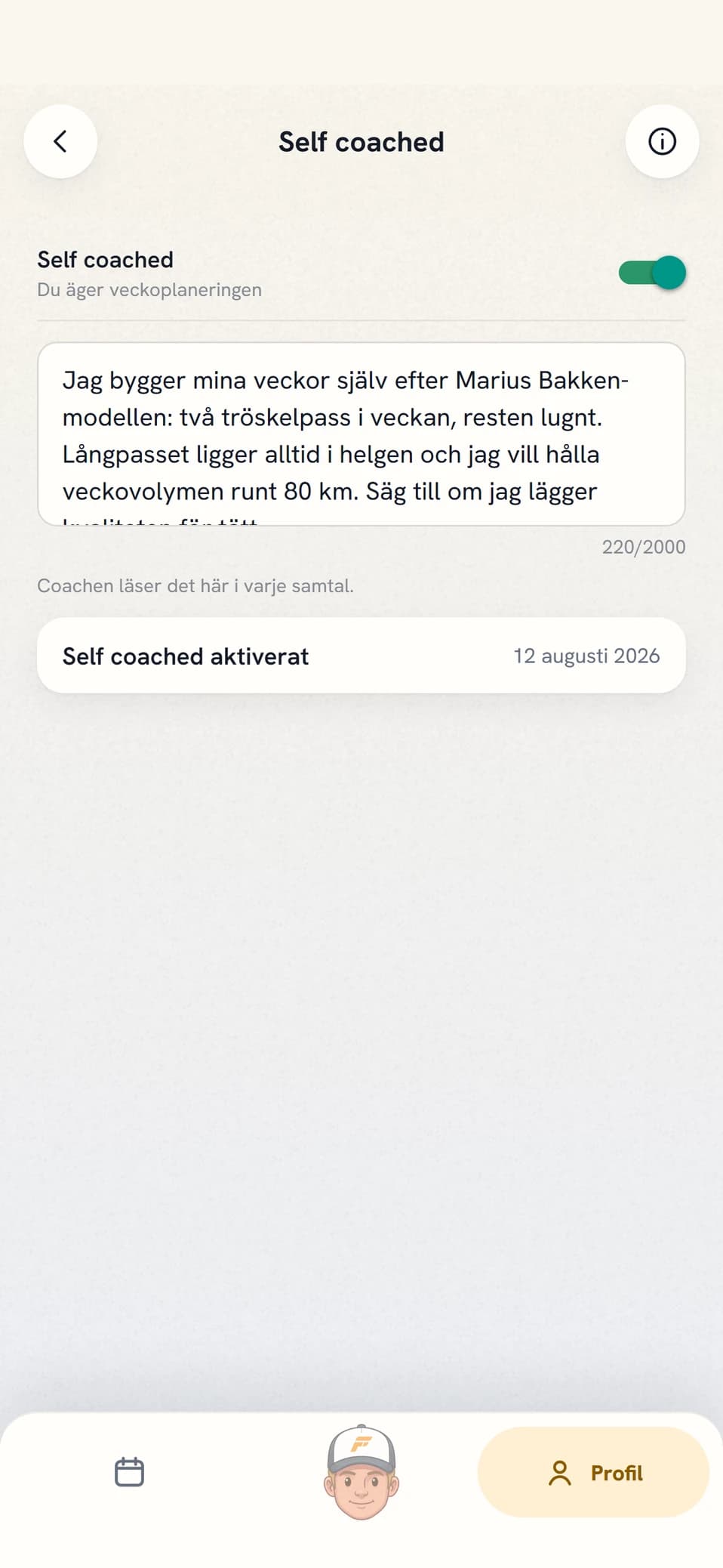 Self coached-sidan i appen med reglage och träningsfilosofi