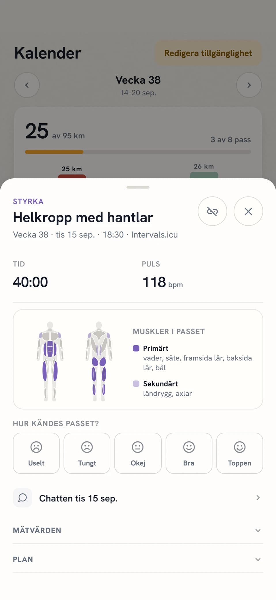 Ett genomfört styrkepass i Coach Fartlek med tid, puls och muskelkarta