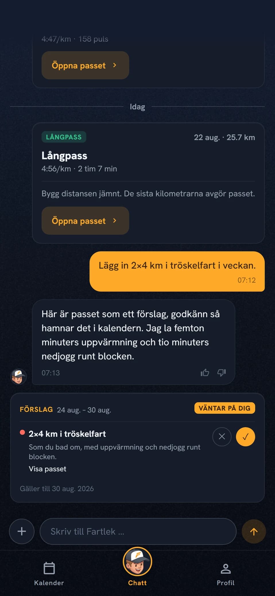 En dikterad förfrågan i chatten som coachen svarar på med ett förslagskort