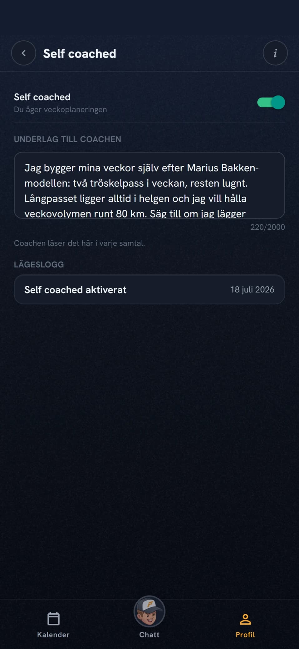 Self coached-sidan i appen med reglage och träningsfilosofi