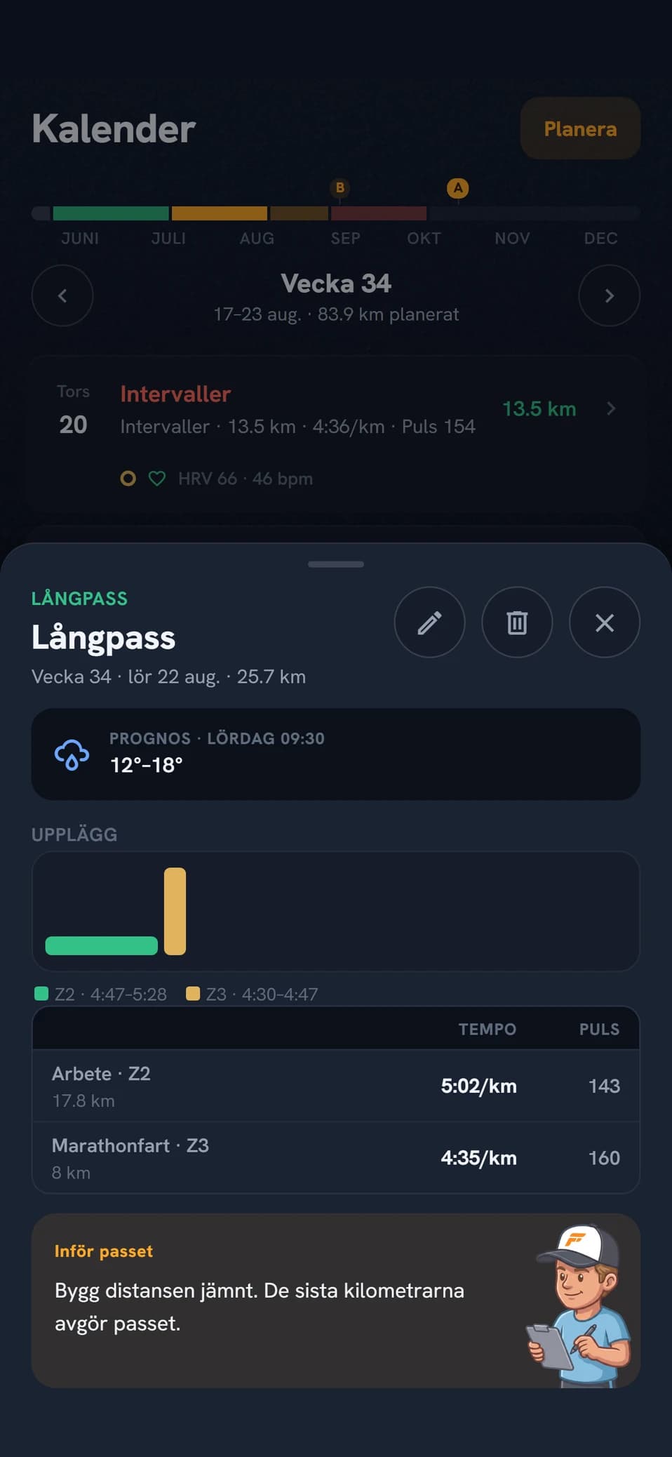 Ett egenbyggt pass, skickat till klockan via Intervals.icu