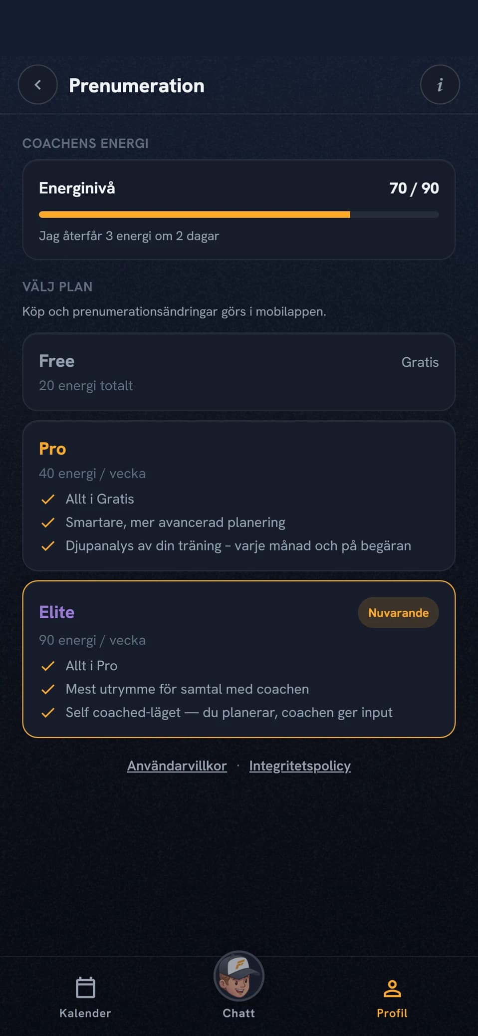 Prenumerationsvyn i Coach Fartlek med energinivå och de tre nivåerna