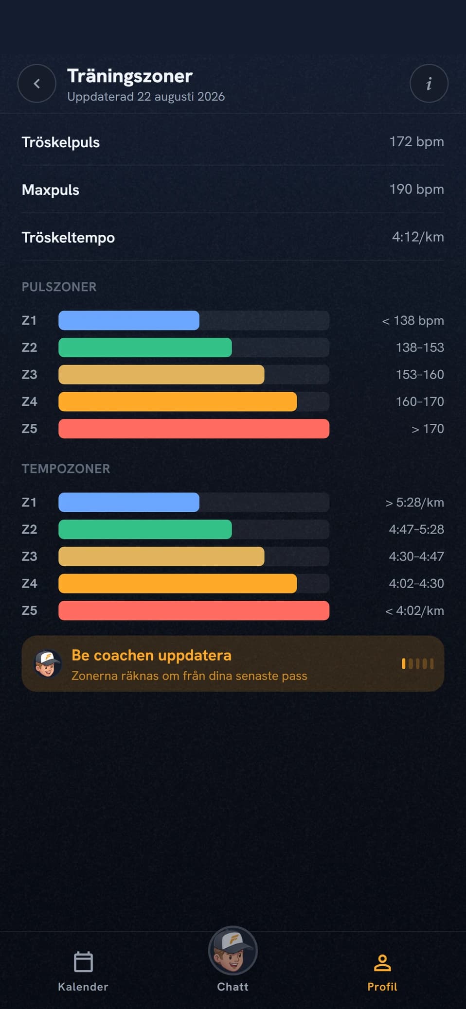 Träningszoner i Coach Fartlek med tröskelvärden, pulszoner och tempozoner