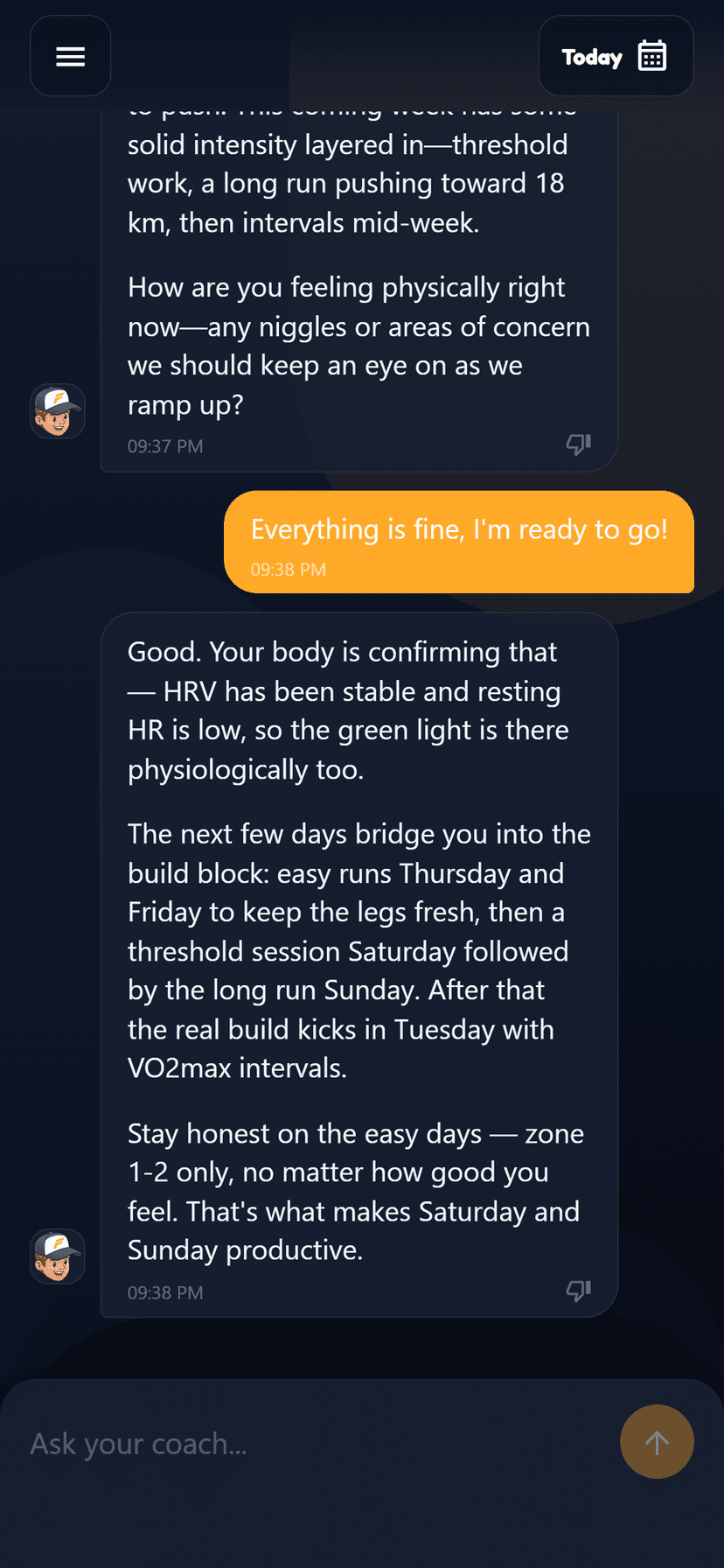 Coach Fartlek chat view with ongoing coaching conversation
