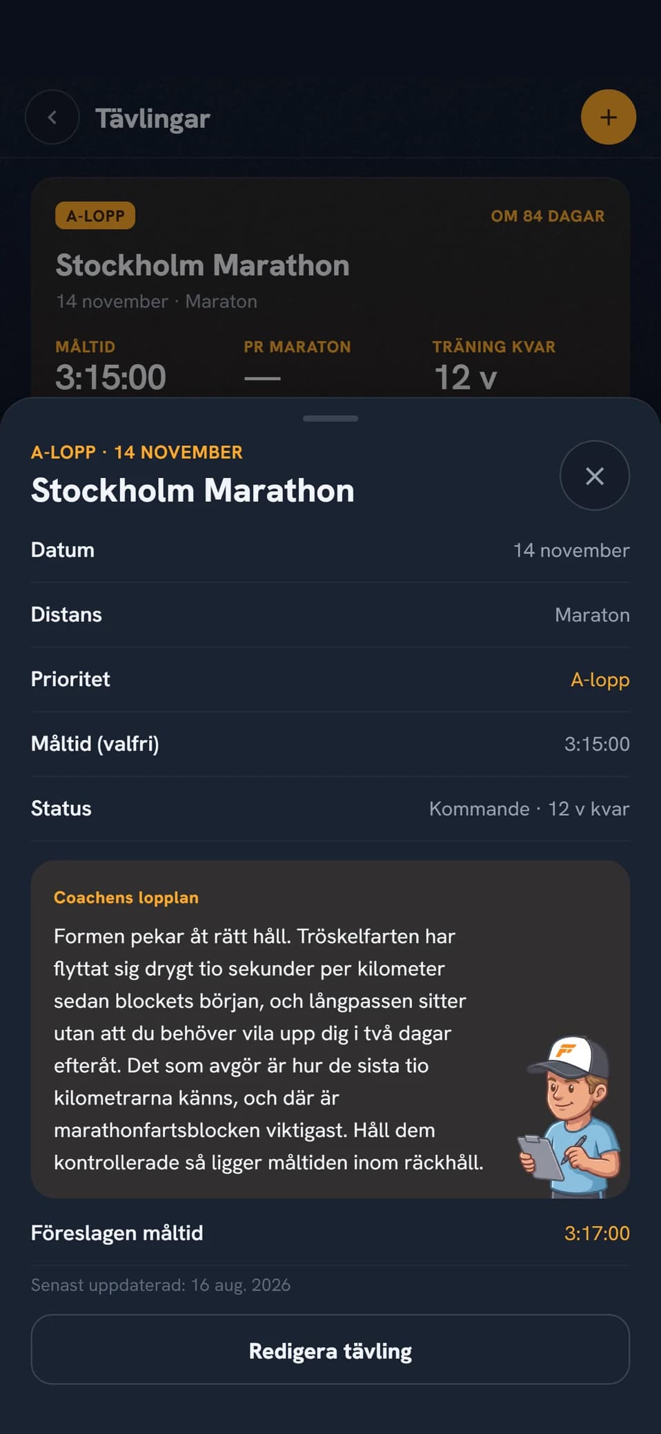 Coach Fartlek tävlingsvy med kommande lopp och mål