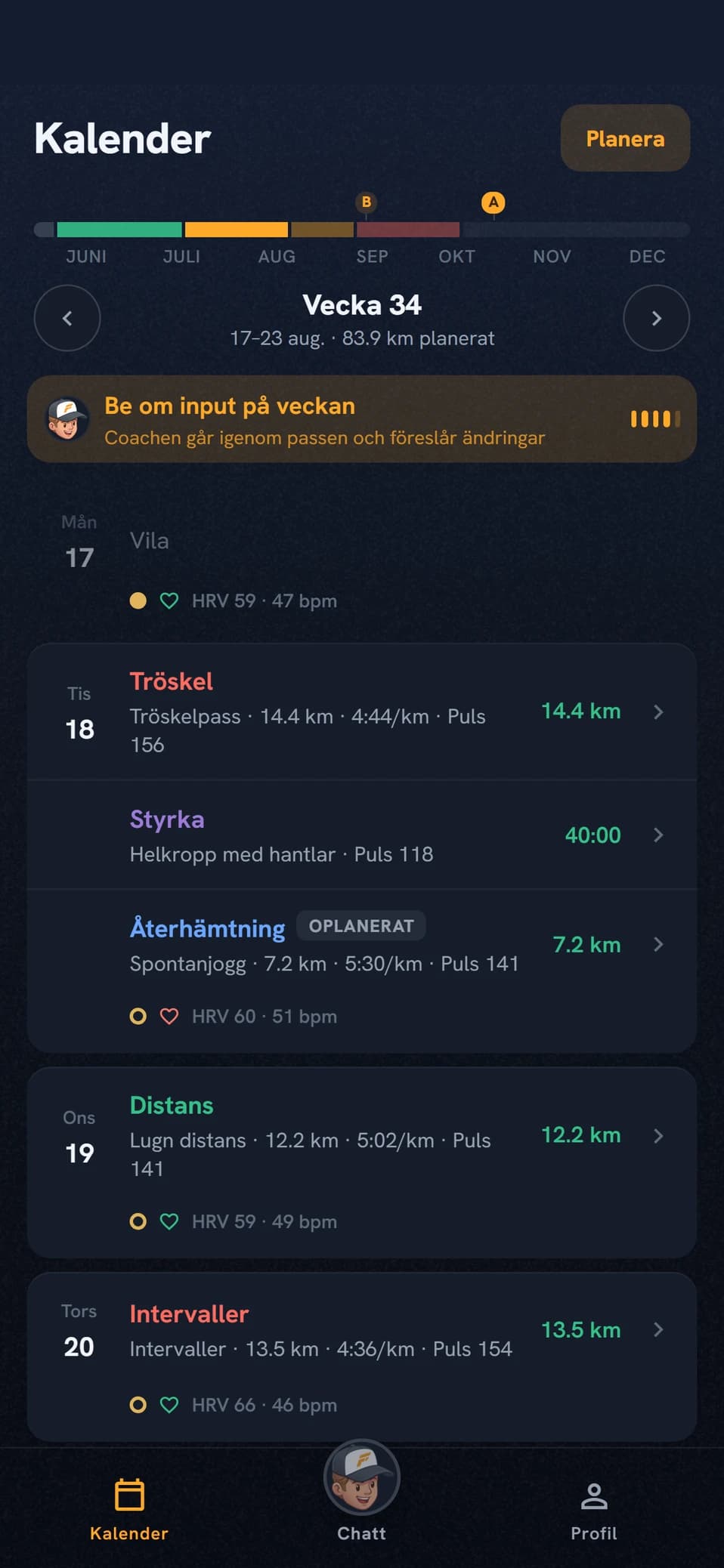 Planläget i Coach Fartlek med tjugo veckor i rutnät