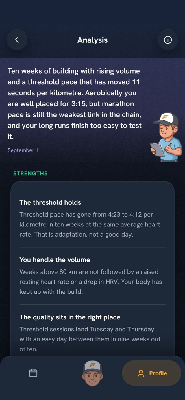 The deep analysis in Coach Fartlek 3.0 with the coach's summary and strengths