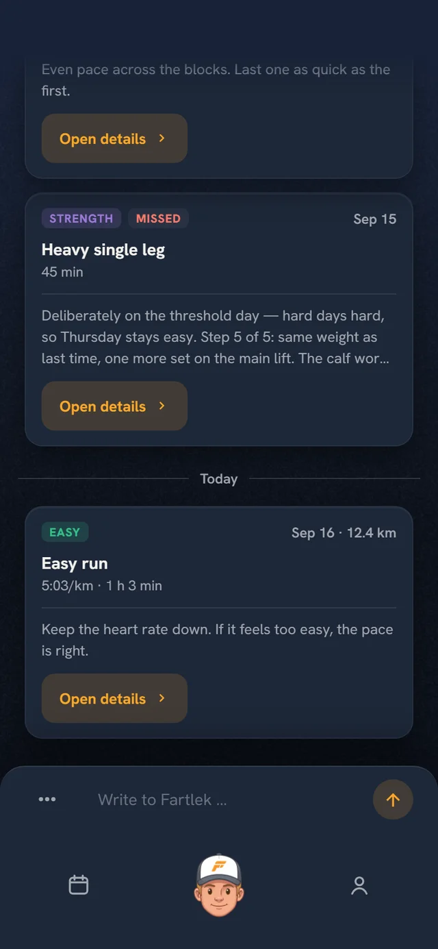 The chat in Coach Fartlek 3.0 with the coach's messages and today's session as a card