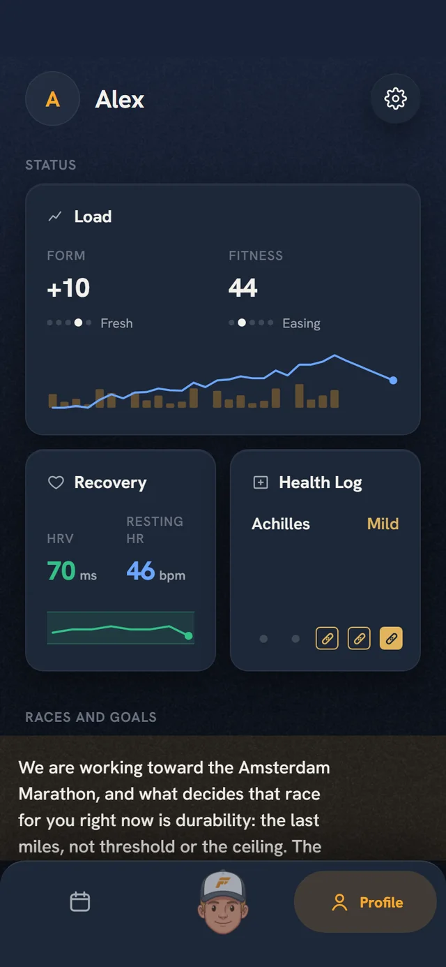 Profile in Coach Fartlek 3.0 with the Status group: load, recovery and health log