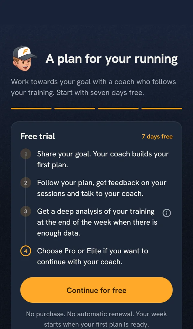 The trial week in Coach Fartlek 3.0: four steps and the Continue for free button