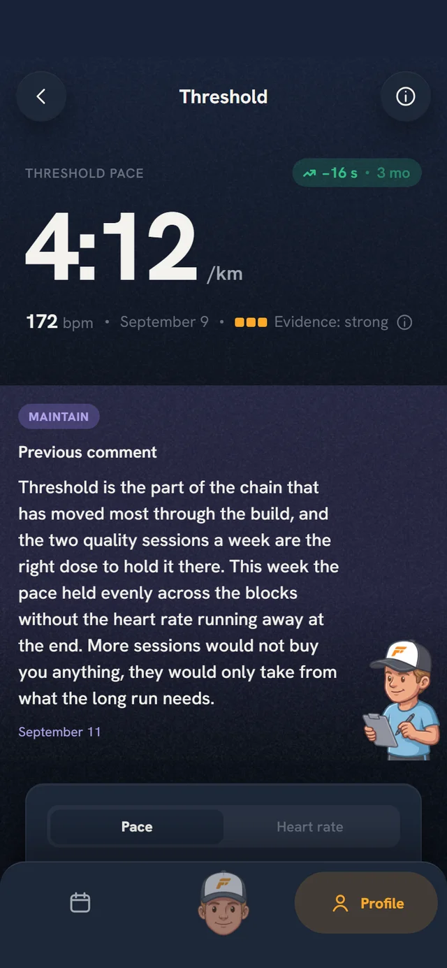 The threshold view in Coach Fartlek 3.0 with threshold pace, the change over three months, the evidence and the coach's comment