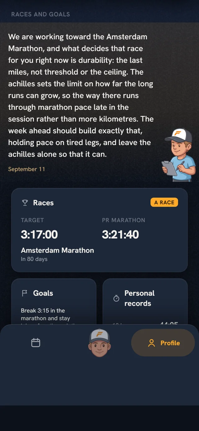The coach's note under Races and goals: the goal race, what is limiting you right now and what it means for the week