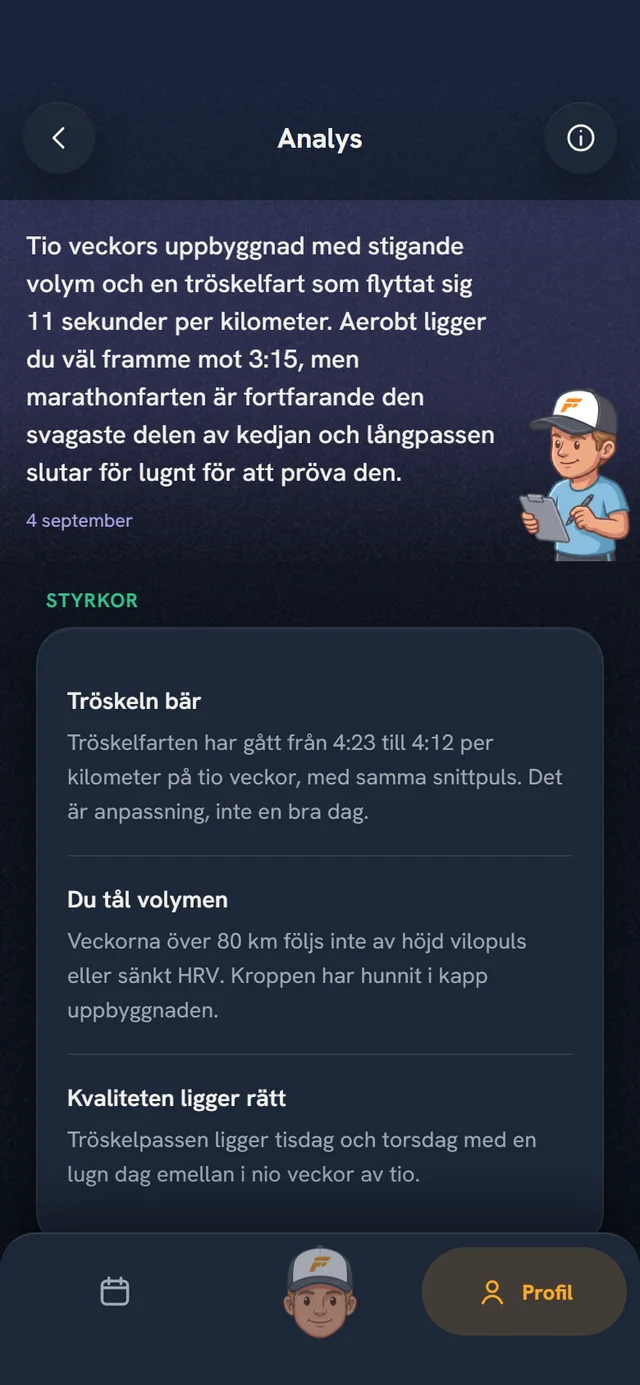 Djupanalysen i Coach Fartlek 3.0 med coachens sammanfattning och styrkor