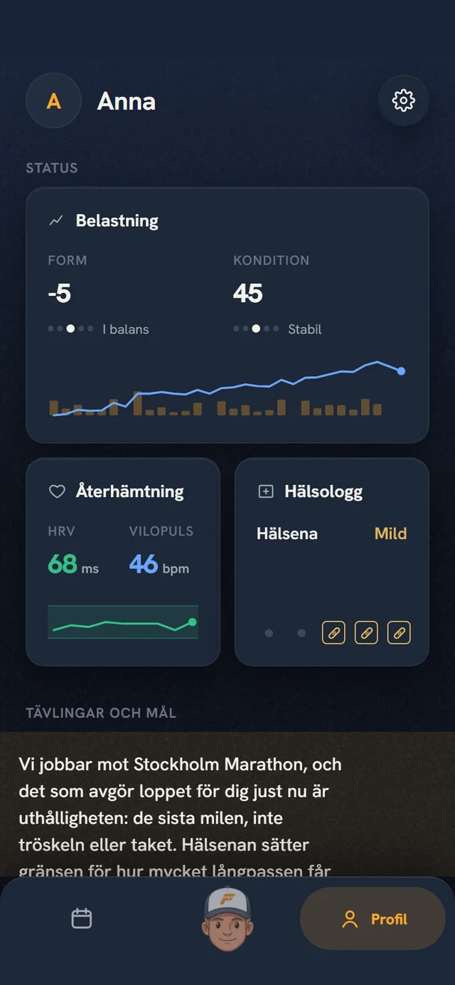Profilen i Coach Fartlek 3.0 med gruppen Status: belastning, återhämtning och hälsologg