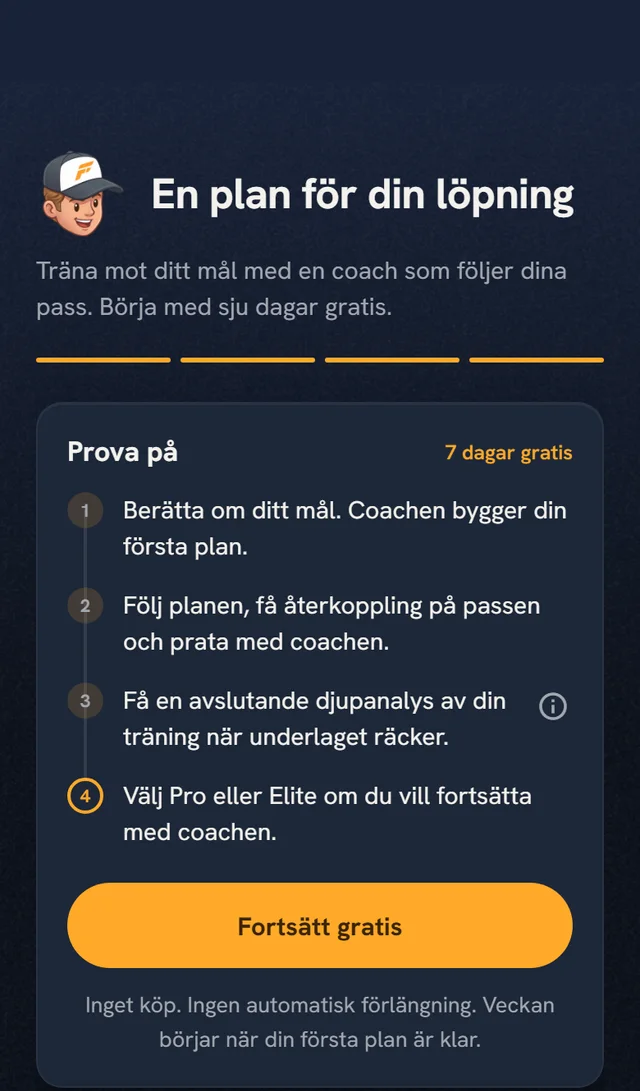 Provveckan i Coach Fartlek 3.0: fyra steg och knappen Fortsätt gratis