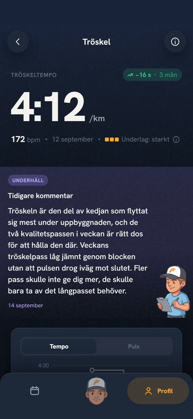 Tröskelvyn i Coach Fartlek 3.0 med tröskeltempo, förändring på tre månader, underlag och coachens kommentar