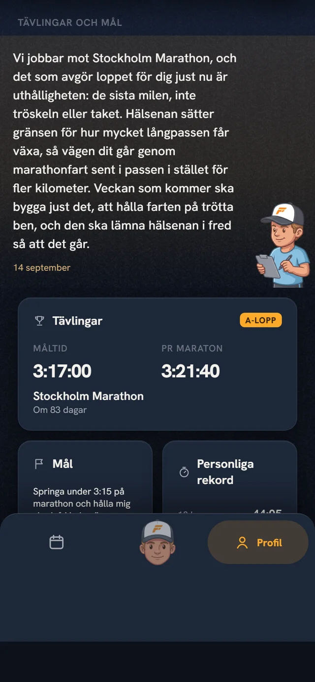 Coachens not under Tävlingar och mål: målloppet, vad som begränsar just nu och vad det betyder för veckan